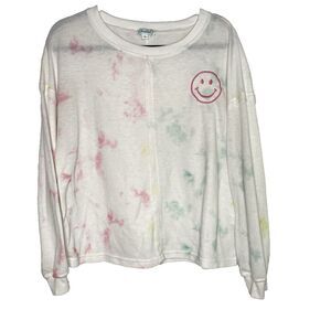 JORDANN Oversized Tie Dye Smiley Face Pullover Long Sleeve Womens M White Pink